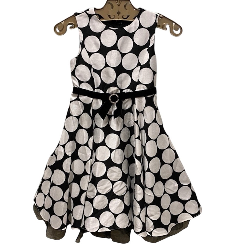 Rare Editions Girls Size 6 Black‎ White Polka Dot Dress Rhinestone Belt